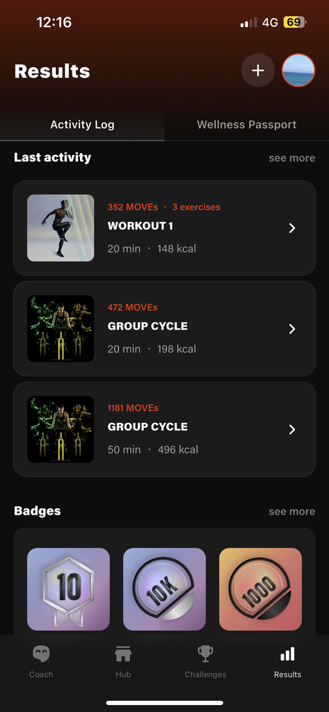 Function Well - Function Well app screen showing a workout activity log and earned badges