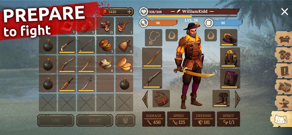 Mutiny: Pirate Survival RPG - Inventario del personaggio e schermata dell'equipaggiamento in Mutiny Pirate Survival RPG con un capitano pirata con armi e statistiche.