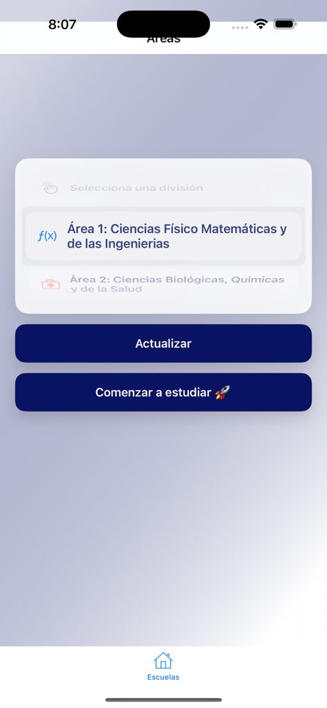 Mi guia UNAM PRO - Schermata di selezione per scegliere un'area di studio nell'app Mi guia UNAM PRO.