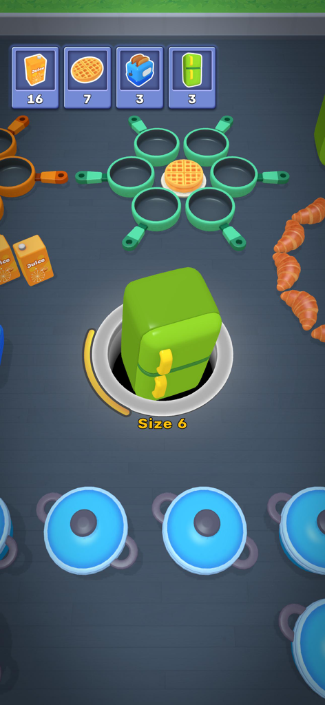Hole It 3D - A black hole swallowing a green refrigerator in the puzzle game Hole It 3D with mission objectives for juice, waffles, toasters, and fridges displayed at the top