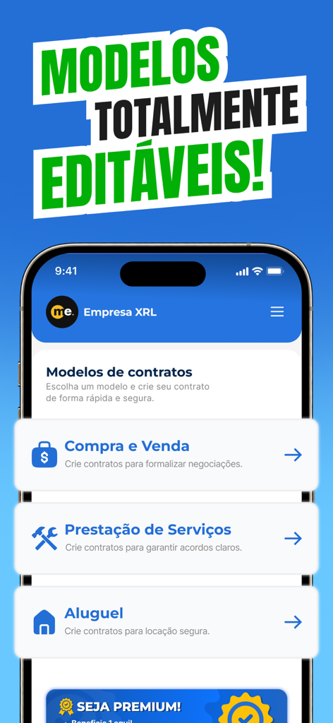 Mobile app interface showing categories for sales service and rental contract templates