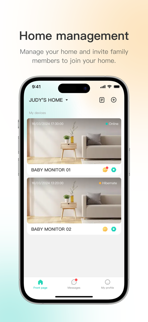 Smartphone screen showing CamVigil app home management with baby monitor video feeds