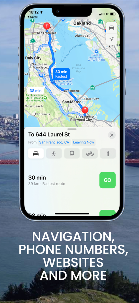 POI MAP - Your Private Places - POI MAP app interface showing a navigation route from San Francisco to Redwood City.