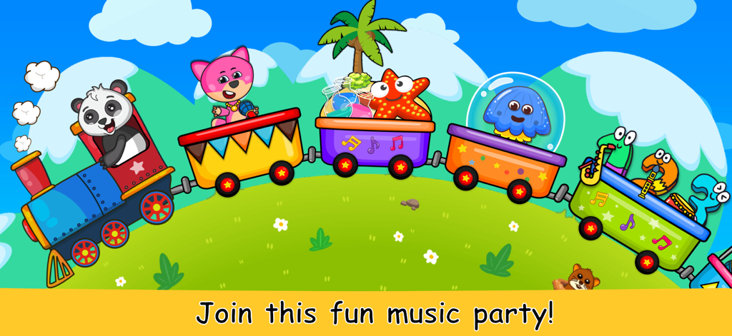 Trem de desenho animado colorido com animais musicais e instrumentos.