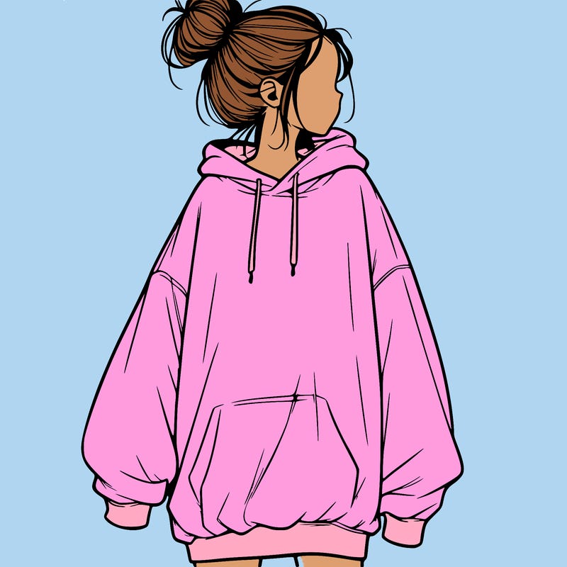 realistic girl with a oversized sweatshirt on and a bun