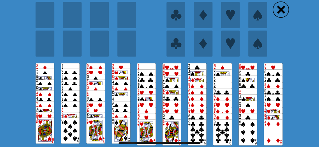 Solitaire FreeCell Two Decks - Gameplay screen of Solitaire FreeCell Two Decks showing ten card columns and eight foundation piles on a blue background