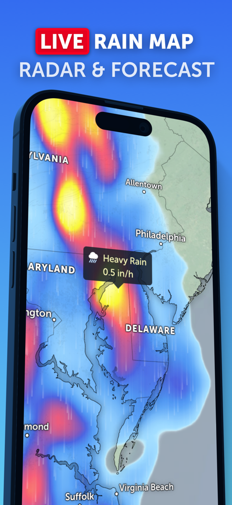 Zoom Earth - Weather Forecast - Zoom Earth app showing a live rain map with radar forecast and heavy rain alerts over the East Coast.