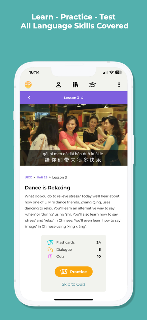 Yoyo Chinese: Learn Chinese - Smartphone screenshot of Yoyo Chinese app showing a video lesson titled Dance is Relaxing with interactive practice buttons