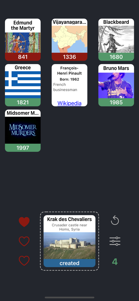 A gameplay screen of Wikitrivia showing historical cards such as Blackbeard and Bruno Mars organized in a chronological timeline.