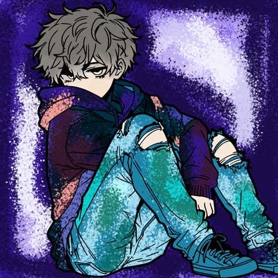 a male hoddie ripped jeans messy hair anime