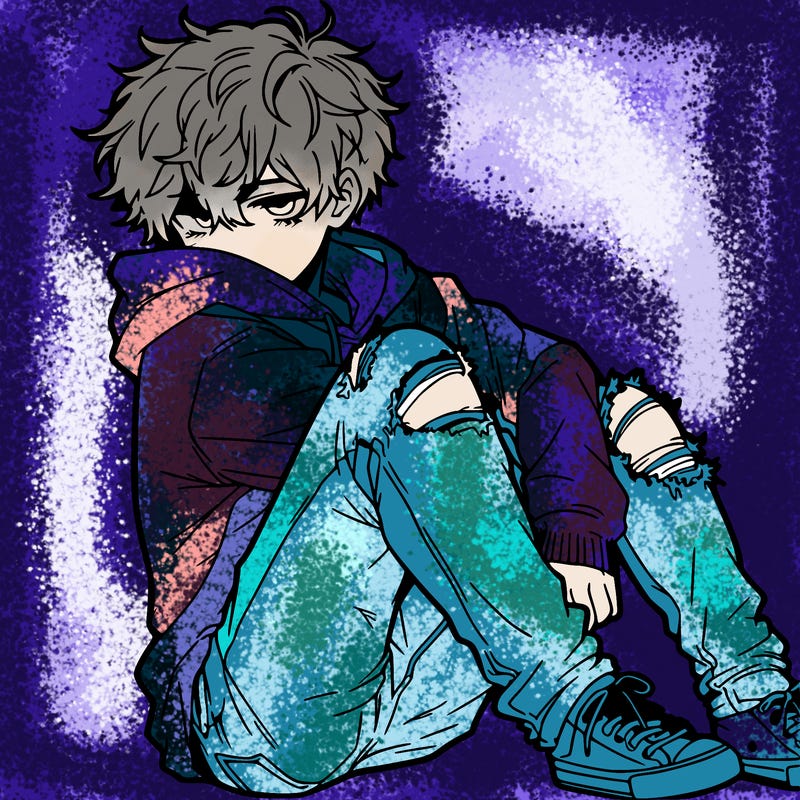 a male hoddie ripped jeans messy hair anime