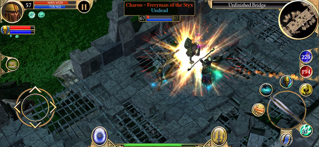 Titan Quest: Legendary Edition - A hero character engages in a magical battle against Charon the Ferryman on a stone bridge in Titan Quest Legendary Edition.