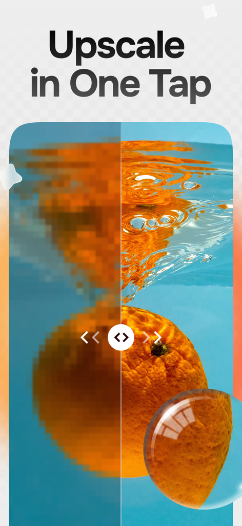 A split screen comparison showing a pixelated orange being transformed into a high resolution clear image