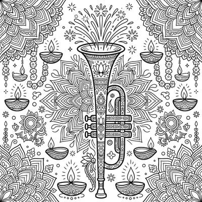 Discover a unique blend of music and tradition with our captivating Trumpet Diwali coloring page. This intricate design, featuring a majestic trumpet amidst festive rangoli patterns and glowing diyas, promises a delightful coloring experience for all ages.