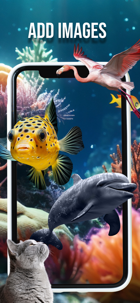 Magic Art - Augmented Reality - Smartphone displaying 3D animals like a fish and dolphin popping out of the screen using augmented reality