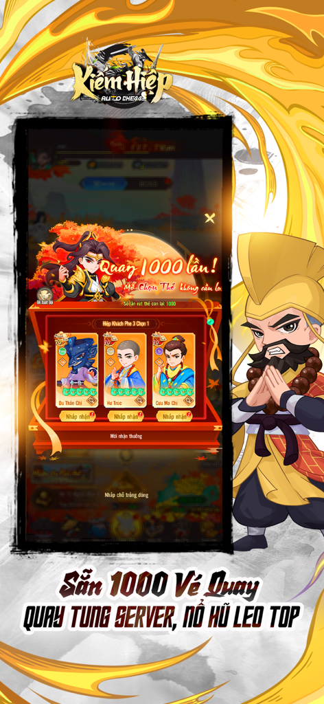 Kiếm Hiệp Auto Chess - Kiem Hiep Auto Chess promotional screen showing a 1000 free spins reward with chibi martial arts characters