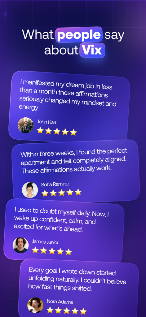Une collection d'avis d'utilisateurs positifs et de notes cinq étoiles pour l'application Vix Manifestation.