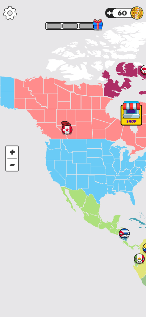 Un mapa estratégico de América del Norte en el juego móvil Country Balls World War que presenta Canadá, EE. UU. y México con iconos de bandera estilizados.