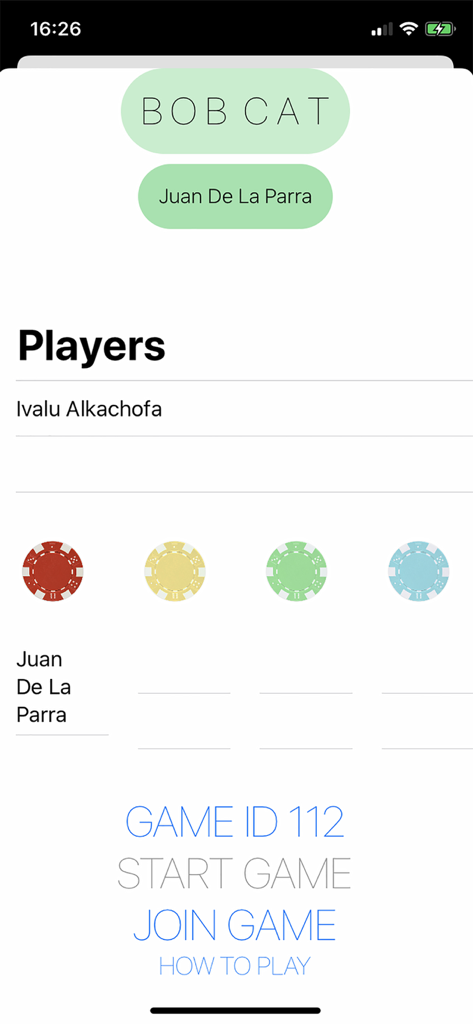 Interfaz de la aplicación BobCat para unirse o iniciar un juego de cartas de secuencias