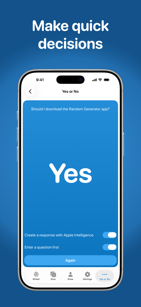 iPhone screen displaying the Yes or No decision feature of the Random Generator Premium app with a Yes result.