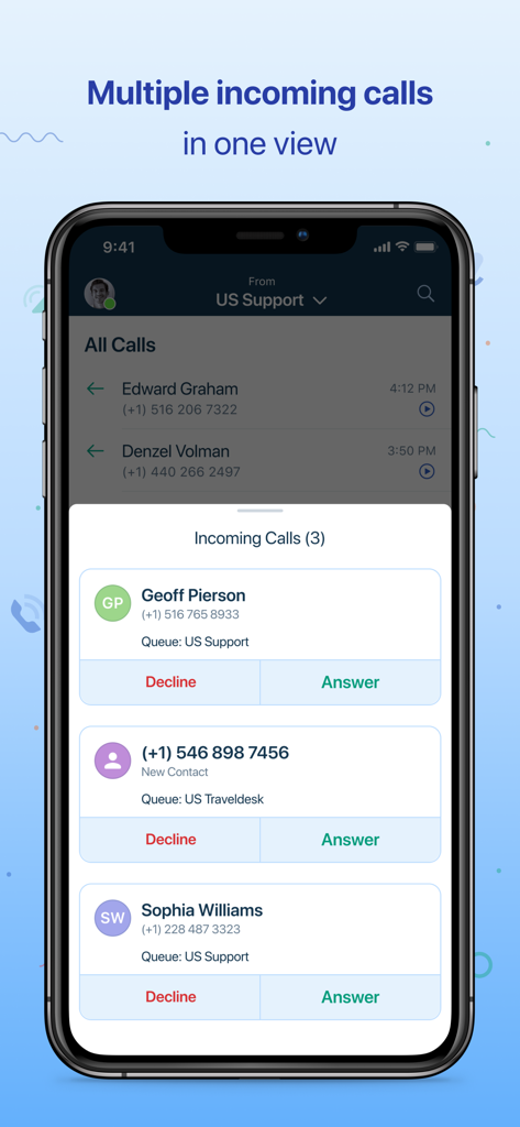 Molteplici chiamate in arrivo sulla schermata dell'app mobile Freshcaller