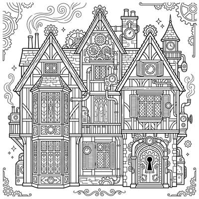 Unleash your creativity with this unique coloring page, where the classic elegance of a Tudor mansion fuses with the fantastical mechanics of Steampunk. Dive into a world of intricate gears, pipes, and Victorian-era charm, offering hours of engaging artistic exploration.