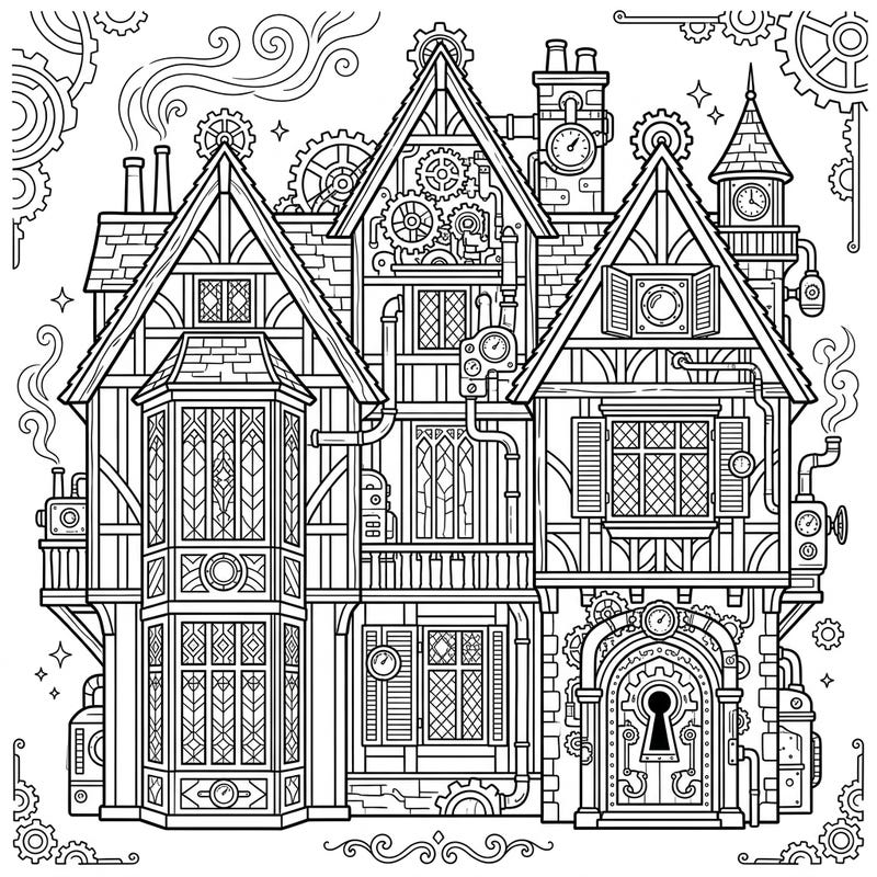Unleash your creativity with this unique coloring page, where the classic elegance of a Tudor mansion fuses with the fantastical mechanics of Steampunk. Dive into a world of intricate gears, pipes, and Victorian-era charm, offering hours of engaging artistic exploration.