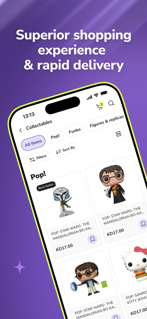 Interfaz de la app de compras de coleccionables UFFF que muestra un catálogo de figuras Funko Pop coleccionables con categorías y precios.