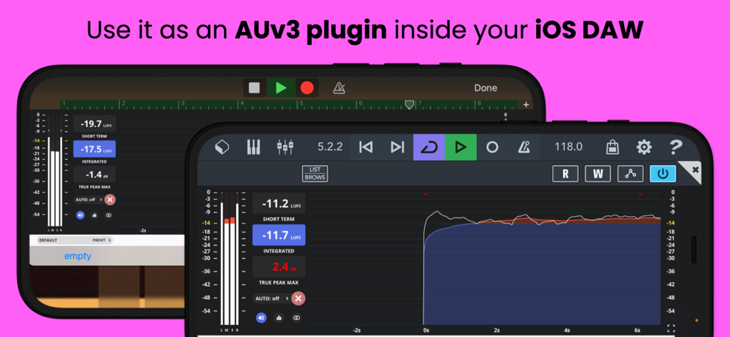 Youlean Loudness Meter Lite interface shown as an AUv3 plugin inside a mobile DAW on two smartphones