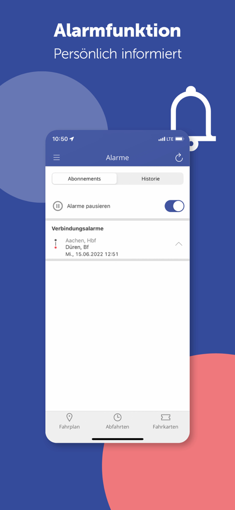 AVV connect - The alarm function screen in the AVV connect app showing personalized transit notification settings for travel routes.