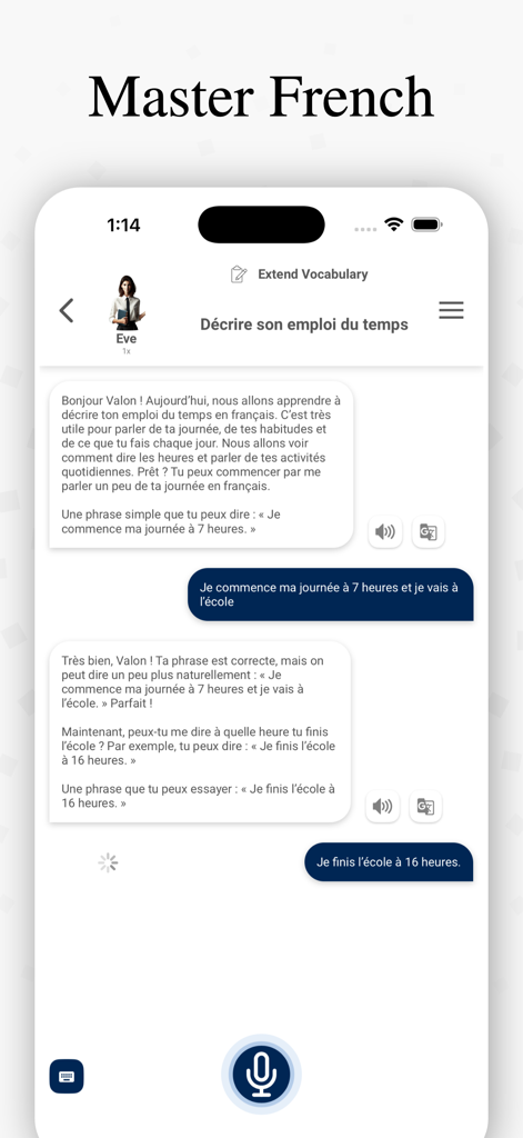 Learn French with AI: ParlezAI - ParlezAI mobile interface showing a conversational French lesson with an AI tutor.