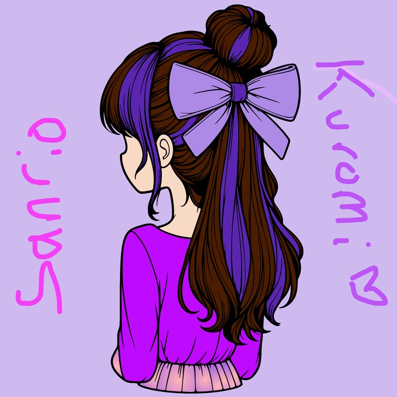realistic girl  with hip length hair a bun and a big bow on the back of head