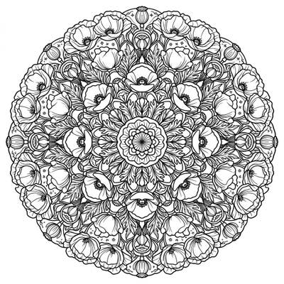Dive into a world of intricate floral art with this stunning poppy mandala coloring page. Its delicate petals and symmetrical design offer a truly engaging and therapeutic coloring experience.