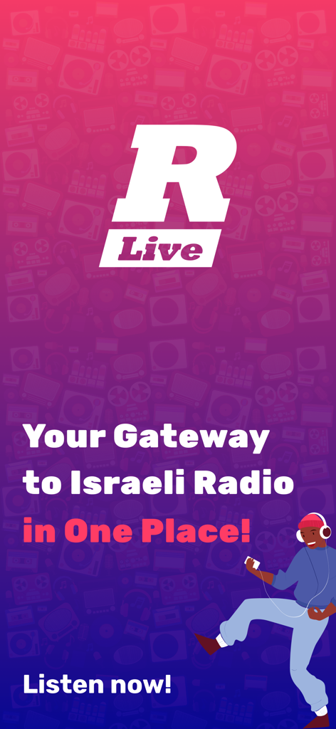 RLive app splash screen with the slogan Your Gateway to Israeli Radio in One Place and an illustration of a person with headphones