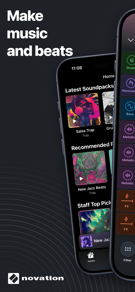 Novation Launchpad app interface showing music soundpacks and beat making controls on a smartphone.