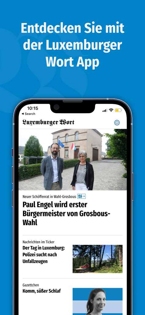 Wort.lu - Capture d'écran d'un smartphone affichant l'interface de l'application d'actualités Luxemburger Wort avec des articles en allemand