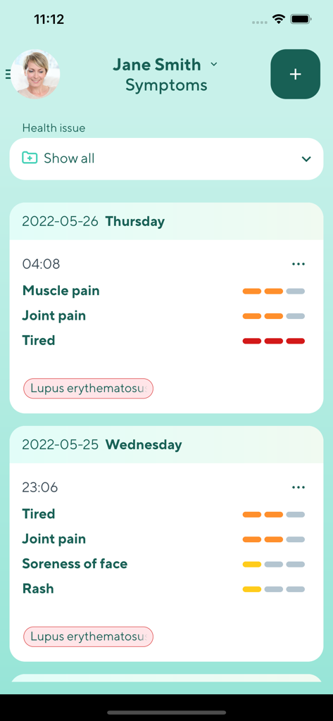 Medrec:M - Medrec M app symptom tracking screen showing a daily log for chronic conditions like Lupus erythematosus