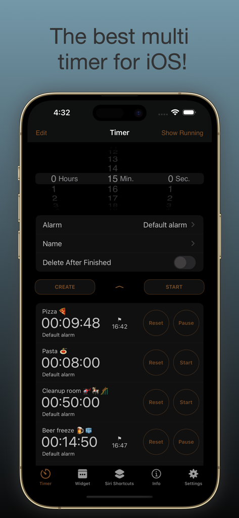 timer. - Multi Countdown Timer - iOS app interface showing multiple active countdown timers for cooking and household chores
