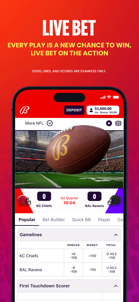 Bally Bet Sportsbook & Casino - Pantalla de la aplicación Bally Bet Sportsbook que muestra cuotas de apuestas de la NFL en vivo y líneas de juego para el partido KC Chiefs contra BAL Ravens.