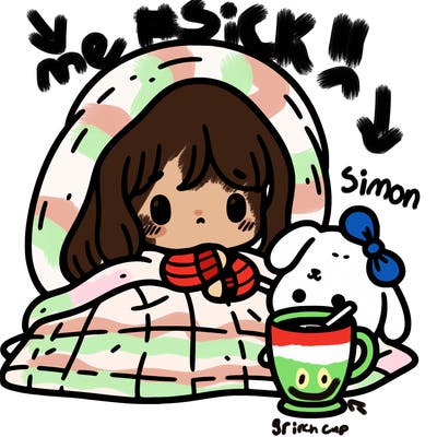 sick girl cuddled in a blanket with a mug and a stuffed dog