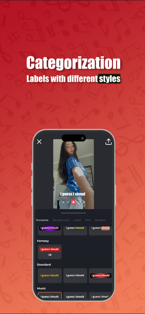 Captiono: AI Subtitles - Captiono App-Oberfläche zeigt verschiedene Untertitel-Label-Stile und Stil-Kategorien für die Videobearbeitung