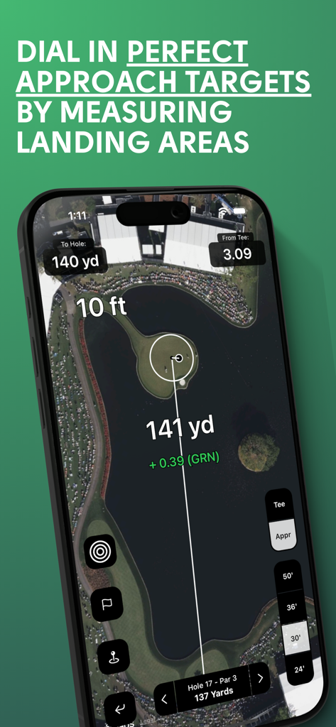 Interface do aplicativo de GPS de golfe mostrando a meta de aproximação e a medição da área de pouso em um mapa do campo