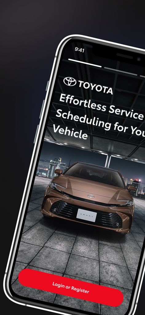 Welcome screen of the Toyota Qatar app featuring a brown Camry and a login button for service scheduling