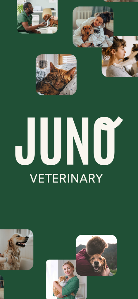 Juno Vet - Juno Veterinary logo surrounded by images of pet parents and animals on a green background