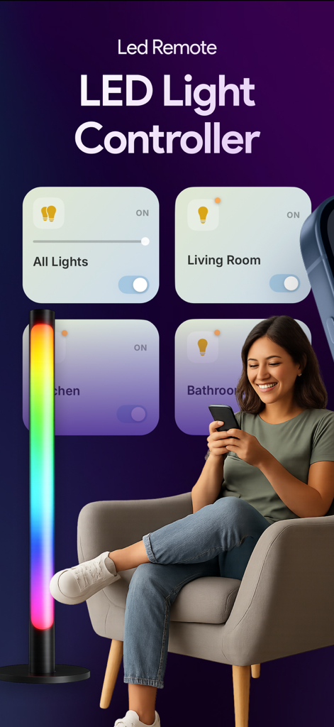 LED Light Controller & Remote - A woman using her smartphone to control a colorful LED light bar through the LED Light Controller app interface.