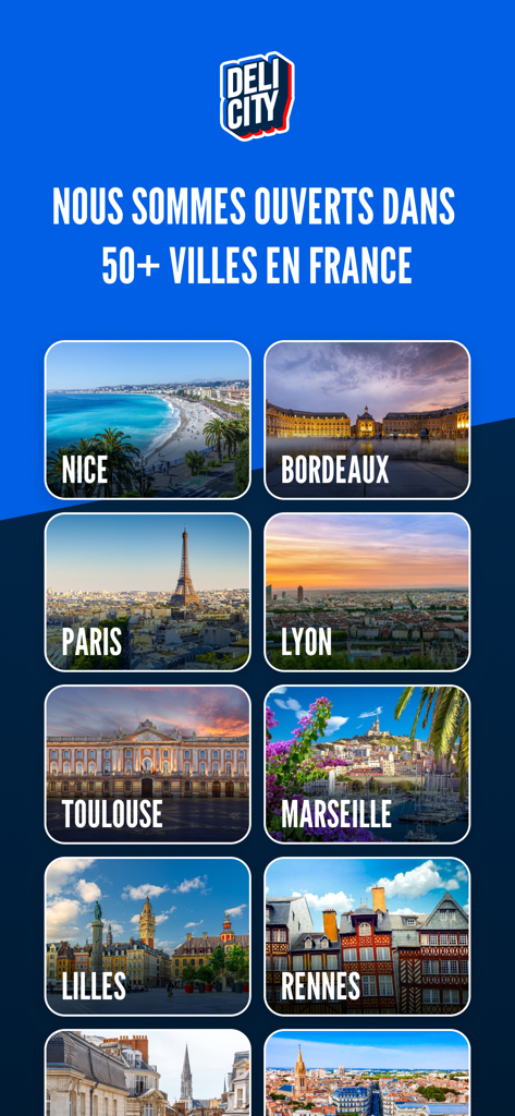 Delicity - Delicity app screen displaying service availability in more than 50 French cities including Paris Lyon and Marseille