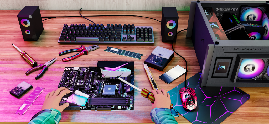 Visão em primeira pessoa da montagem de um computador gamer em um jogo de simulação