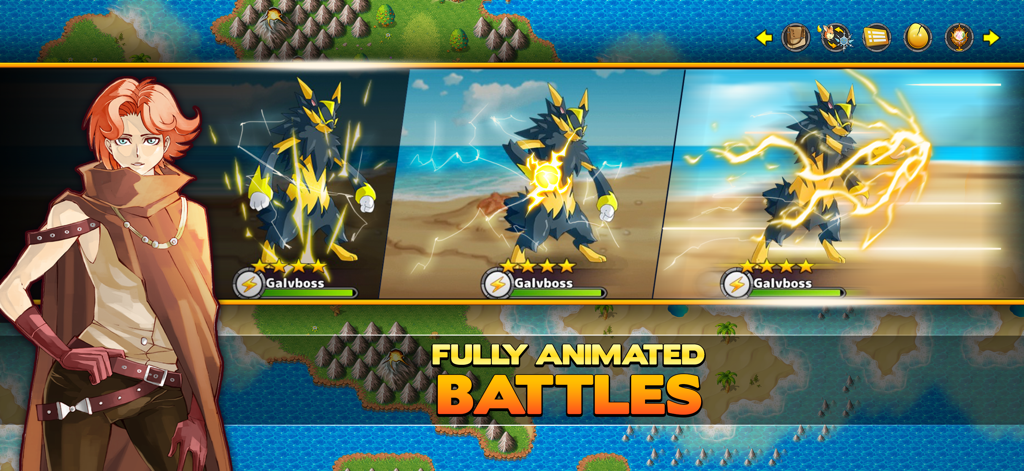 Neo Monsters - An anime style character alongside three panels showing the monster Galvboss performing electric attacks in a fully animated battle scene.