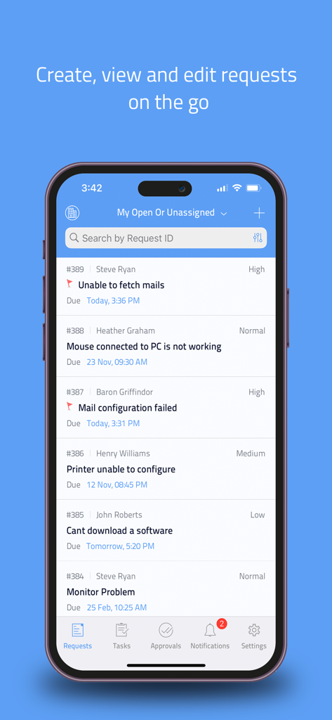 ServiceDesk Plus MSP mobile app interface showing a list of IT support tickets on an iPhone.