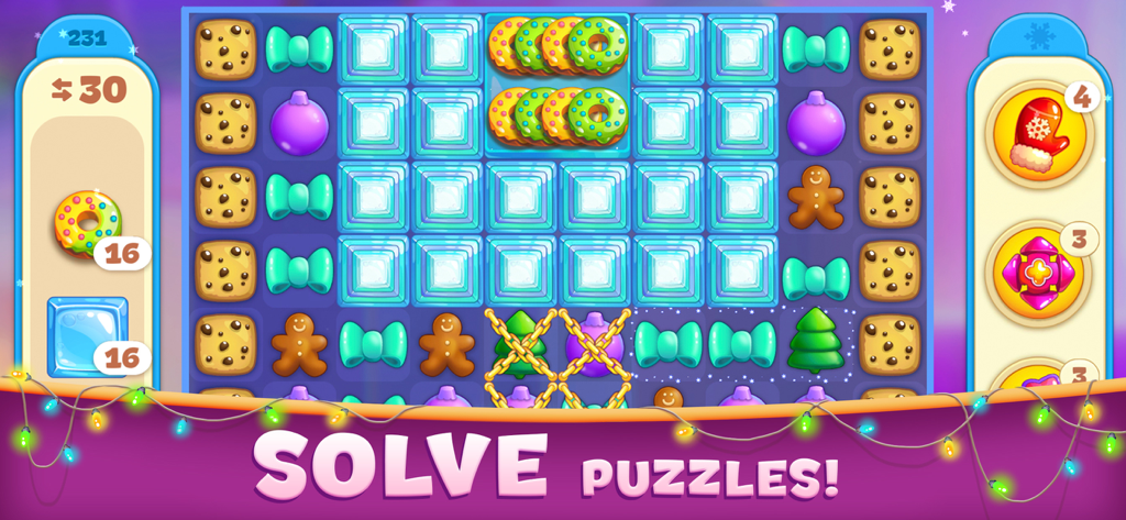 Gameplay of Christmas Sweeper 4 showing a match 3 puzzle with festive holiday items